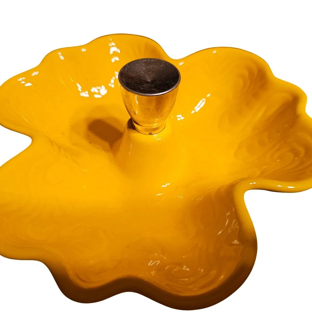 Vintage Yellow Ceramic 3 Section Candy Dish Gold Handle Mid Century Modern 7.5in